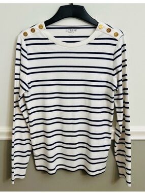 J. Crew Navy White Perfect Fit Long Sleeve Crewneck Top Lion Buttons Size Large